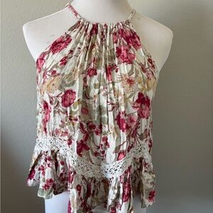 Floral Halter Neck Top with Lace Trim